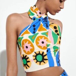 Zara Pop Art Printed Crop Halter Top S